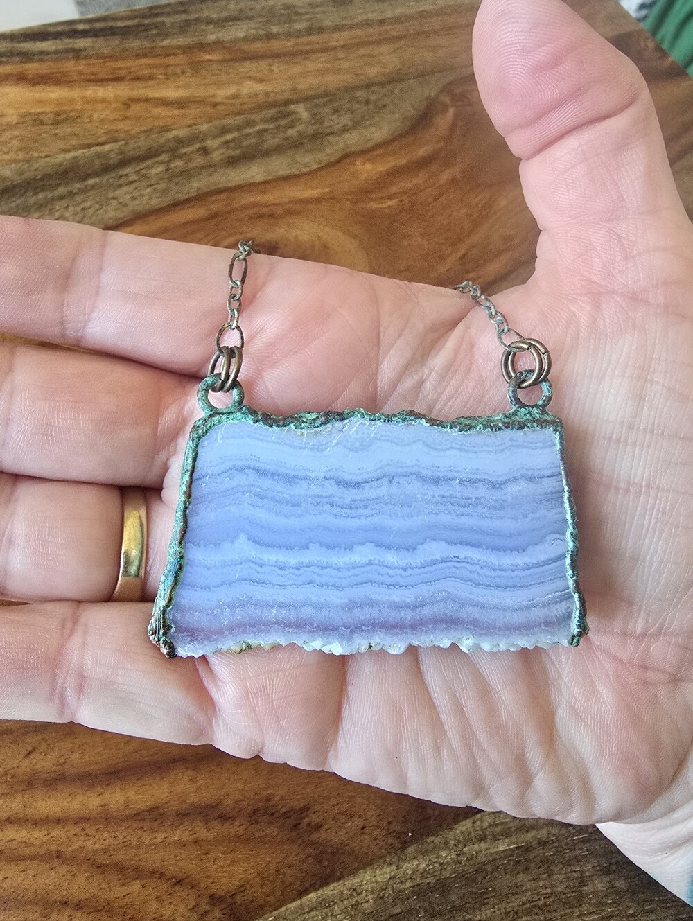 Blue Lace Agate Slice Necklace, Ozidized Copper Patina, Quartz Edge